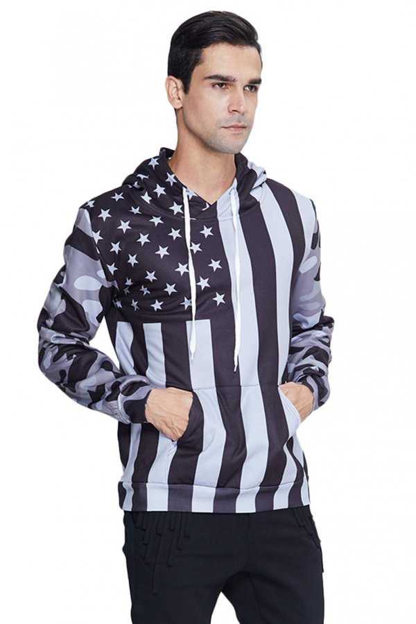 SpaceJaw Men's Distressed Black USA Flag Hoodie - Vintage Hooded Sweatshirts Apparel with Pockets